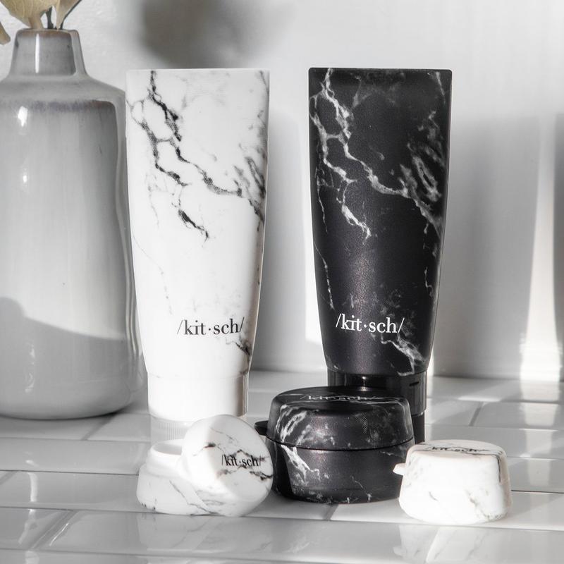 Refillable Silicone Bottle 2pc Set - Black & White Marble
